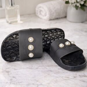 Karl Lagerfeld Black Slides with Pearl Details